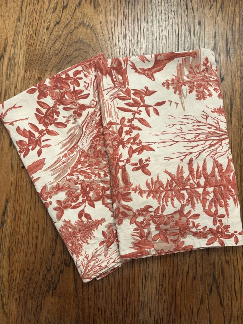 Pottery Barn Woodland Toile Full Queen Duvet Cover + 2 Shams Red Ivory Deer